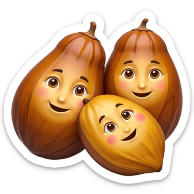 two or three dates, rich glossy brown, wrinkled, plump, natural variation, arranged casually, no plate, packaging, or faces, clean 3D, soft shadows, emoji scale sticker