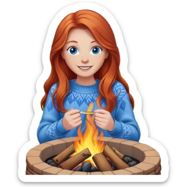 Very Happy redhead with long hair and blue eyes beside fire pit in backyard sticker
