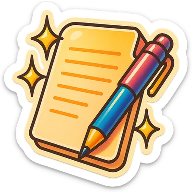 a cheerful and bright sticker of a paper and pen with sparkles sticker
