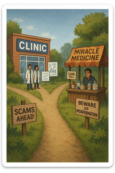 two paths diverge—one leads to a trustworthy clinic with doctors and scientific posters, the other to a shady stand selling “miracle” medicines with exaggerated claims. Signs along the second path warn of scams and misinformation. The scene encourages viewers to choose reliable, science-based healthcare. sticker