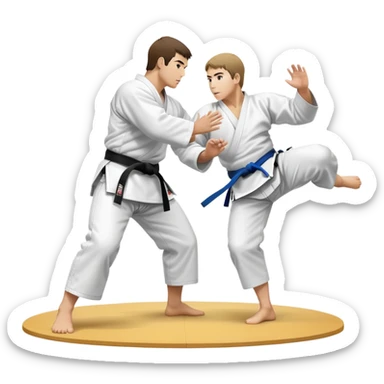Two judo practitioners in traditional gi, one executing a powerful throw while the other is countering with a defensive move. The background features a judo mat and a focused dojo atmosphere. Transparent background highlights the precision and technique of judo. sticker