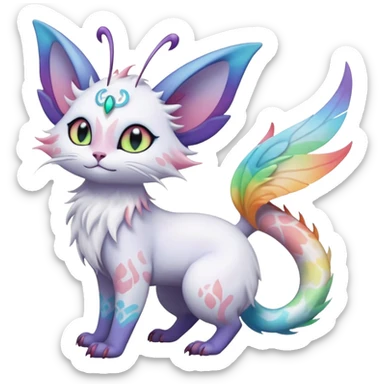 Pure-snow-White albino iridescent with pastel rainbow-gradients-color-markings with swirly patterns butterflies  faerie-Noivern-Noibat-Purloin-Torracat-Lykoi-Caracal-cat-Fakemon-fusion-hybrid-creature sticker
