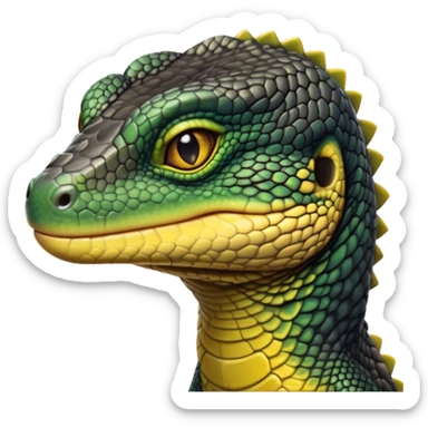 cinematic-realistic-cute-monitor-lizard-portrait-emoji,-head-tilted-playfully-and-inquisitively,-featuring-a-compact,-agile-body-with-finely-detailed,-glossy-scales-in-earthy-black and yellow-hues-and-a-distinct,-alert-face-with-bright,-curious-eyes, black , yellow spotted and green band  scales and a slender neck sticker