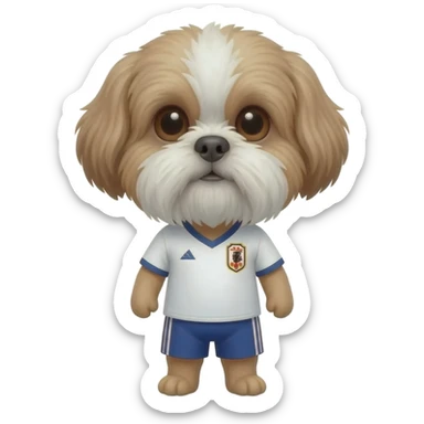 white and light brown shih zhu wearing a Japan white soccer jersey v neck 2026 work cup sticker