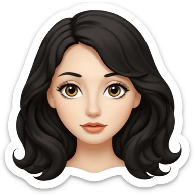 persona mujer con piel clara y ondas color negro y largos  y sin volumen y con delineador en los ojos y con los labios medianos, ojos almendrados y nariz respringada y el fondo blanco  sticker