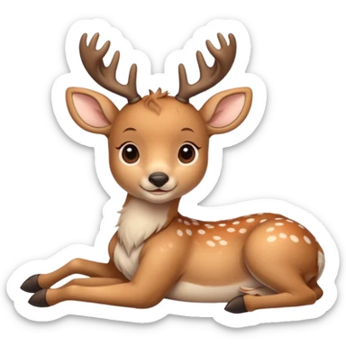 Cute beige deer lying down, legs folded, soft fur with lighter spots, big eyes, gentle smile, short antlers, simple cartoon style. sticker