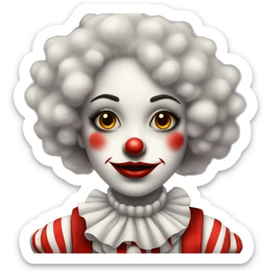 Old fashioned girl clown in fluffy collar with clown makeup in a white and red striped clown outfit  sticker