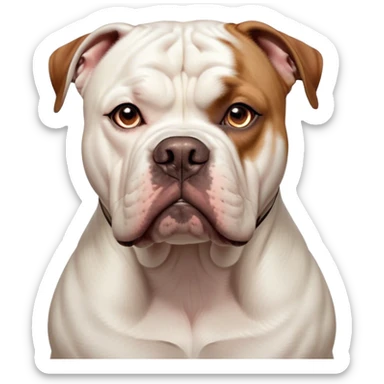 Cinematic Noble White and Brown American Bulldog Portrait Emoji, Poised and regal, with a strong, muscular build and a short, well-groomed white coat accented by warm brown patches, deep-set soulful brown eyes, Simplified yet sharp and sophisticated features, highly detailed, glowing with a soft, dignified glow, high shine, intelligent and loyal, stylized with an air of strength, focused and attentive, soft glowing outline, capturing the essence of a watchful and confident guardian, so majestic it feels as though it could step out of the screen with effortless authority! sticker