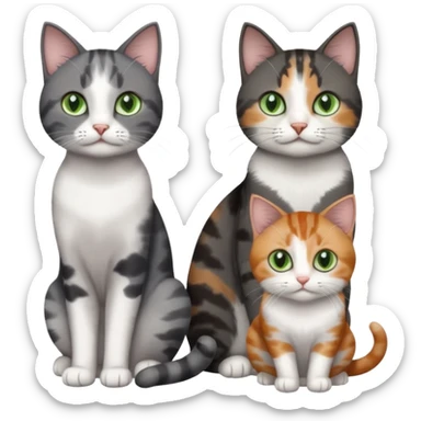 4 different coloured small cats including a dark grey and white, and a patchy calico, and a brown tabby and white,  and a completely solid dark grey with green eyes and only white paws sticker