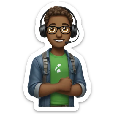 Brown skinned guy with glasses holding Xbox controller and wearing gaming headset sticker