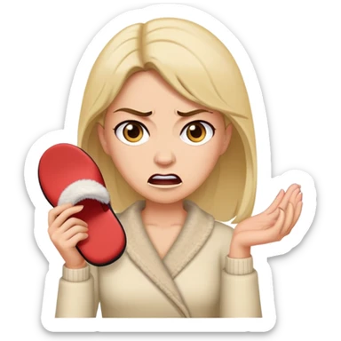 woman holding a slipper with angry face sticker
