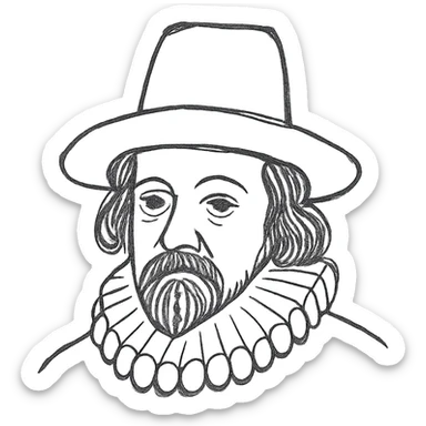 a hand drawn black outline portrait of philosopher Francis Bacon with similar-sized eyes based a famous portrait of him sticker
