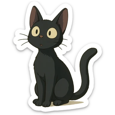 a young black cat looking curious, ghibli style sticker