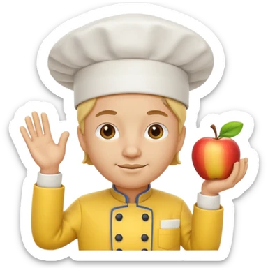 3D cartoon-style chef in the Apple emoji style, wearing a bright yellow chef uniform with hat sticker