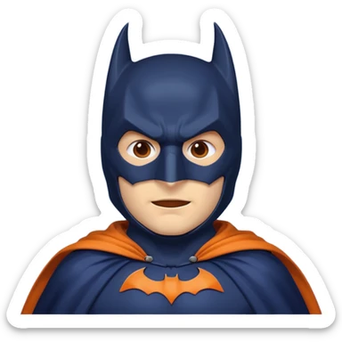 generate a batman emoji with just the face and neck showing and part of the cloak and and wings. Shade the mask in dark navy blue.  Shade the cloak in a solid vibrant orange. Shade the bat logo in a bright medium olive green. sticker