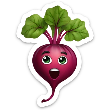 miling beetroot with big expressive eyes, rosy cheeks, and a green leaf on top. Simple and bright design with a cheerful and cartoonish style. sticker