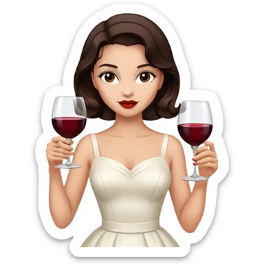 Beautiful woman in 1950’s woman fashion look, white dress, long hair, wine, dark brown hair sticker