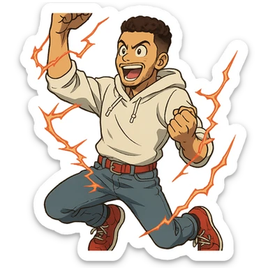 1 male, mid fade haircut dark chestnut brown curly hair, toasted lightskin, white hoodie sleeves up, fashion jeans, red fashion-sneakers shoes, red belt, short trimmed beard and goatee,  style of deku from "my hero academia" doing a "heck yeah!" exclaimation pose with red electricity sticker