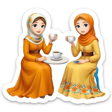 Turkish beautiful finish Konya girls blue eyes with Beautiful orange yellow floral hijab long tail dress and the two friends in a lovely garden sits on the chair on the ground and holds cup coffe with her hand  sticker