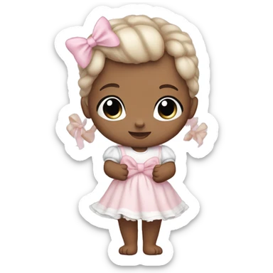Little white babygirl, with blue eyes. Bronze colored hair in two ponytails, with light pink bows.  She is wearing a light pink and White dress, holding a teddybear with a pink bow. sticker