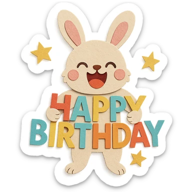 laughing bunny hugging 'Happy Birthday' letters with stars, full body, paper-craft style sticker
