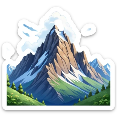 Cinematic Realistic Mountain Emoji, Majestic and towering, with craggy, snow-capped peaks rising sharply against a deep blue sky. The rugged terrain is dotted with rocky outcrops and patches of greenery, with clouds swirling around the higher reaches. Soft glowing outline, capturing the essence of ancient strength and natural beauty in a towering mountain! sticker