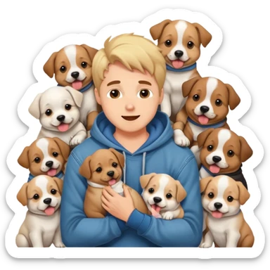 Cute dog lover boyfriend with soft smile, surrounded by puppies, wearing hoodie and jeans, one dog licking his face sticker