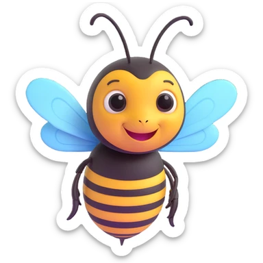 A bee, facing right, with a happy expression, glossy finish on its body, and detailed antennae. sticker