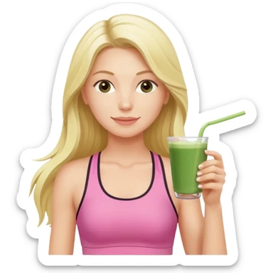 long haired blonde pilates instructor in pink drinking matcha in cute set sticker