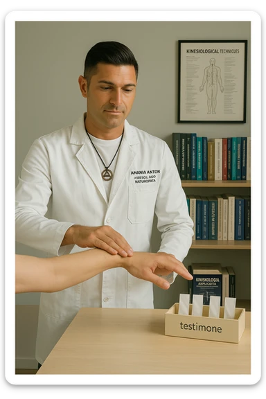 a middle-aged man in a calm, well-lit studio, wearing casual professional attire, performs a classic muscle test on a client’s outstretched arm. On a nearby table, there are small envelopes or vials labeled “testimone” representing samples or objects connected to a distant person. The atmosphere is focused and serene, with books and charts about kinesiological techniques in the background. sticker