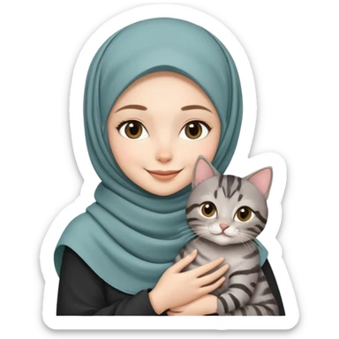White girl wearing pretty hijab holding a black grey tabby cat while smiling sticker