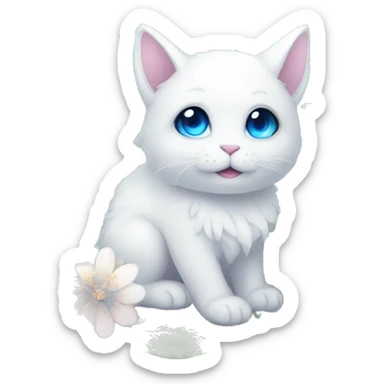 Edgy Cute Cool Kawaii gorgeous sparkly ethereal white fantasy animal with blue eyes sona with flowers and butterflies sticker
