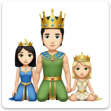 Man as king, standing, black Hair, blue eyes, female Servoamt, blonde, green eyes, shott white sleveless Dress, kneeling, background palace sticker