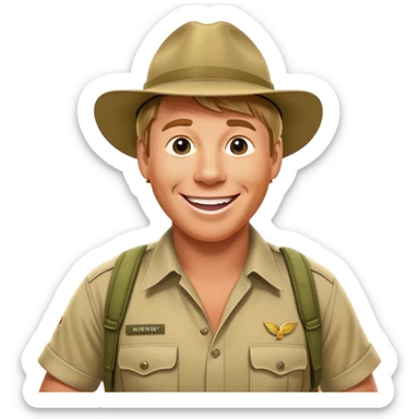Cinematic Realistic Steve Irwin Portrait Emoji, depicted as a passionate wildlife expert in his signature khaki attire with an enthusiastic smile and a backdrop of the Australian outback, rendered with vibrant textures and dynamic natural lighting that captures his adventurous spirit. sticker