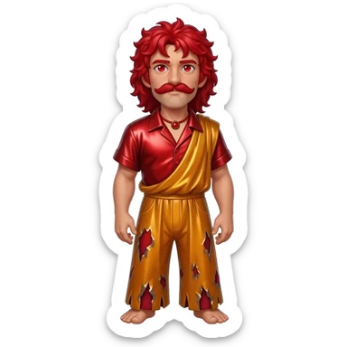 Hephaestus  from Greek Mythology with red eyes, red hair, red metallic shirt, burnt orange metallic baggy pants, red necklace sticker