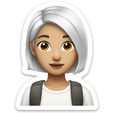 Girl of short straight hair with Tomboy style cut, pure white hair color with gray gradient at the ends of her hair, she has heterochromia sticker