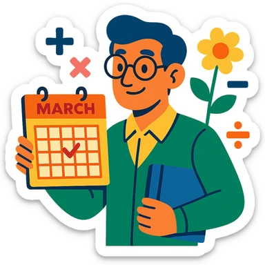 math teacher character with a March calendar, math symbols, and springtime colors sticker
