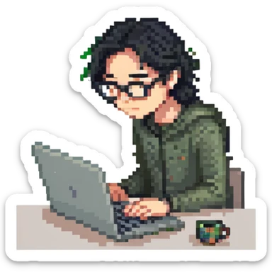 Guy with 3 inch long black hair and glasses on his laptop sticker