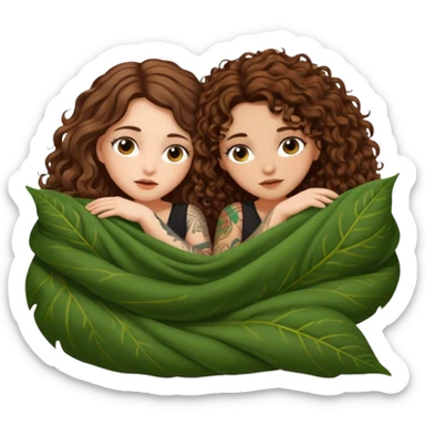 fake sleep pose — long wavy brown hair tattooed woman and short tight curly brown hair woman — peeking under leaf blanket sticker