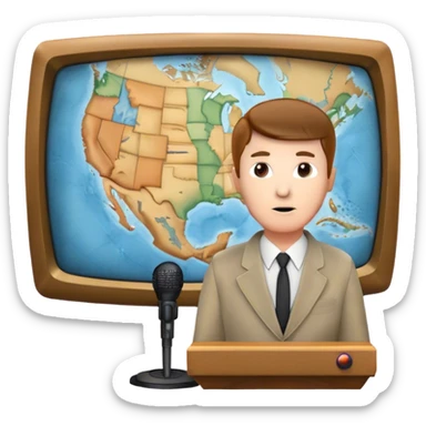 Icon for Documentary Film (TV style): A large TV screen with a serious-looking host standing in front of a map. The host holds a microphone, and the map displays historical or geographical information. Retro TV broadcast style. Transparent background. sticker