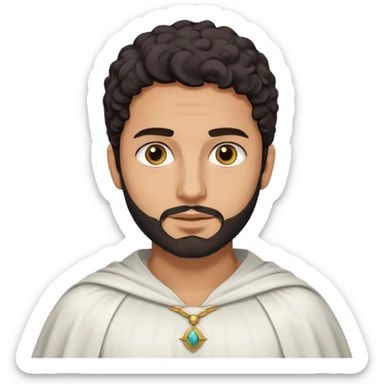 Apariencia: Joven de unos 25-30 años, atractivo,.
-Rostro: Ojos oscuros, piel ligeramente morena, rasgos árabes finos.
-Cabello: Negro, algo rizado o suelto, con barba fina.
-Vestimenta: Cuando es “Don Carlos”, viste como cristiano (camisa blanca, capa corta, colores sobrios). sticker