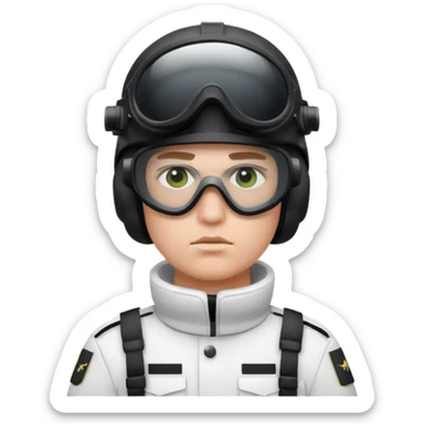 A Finnish modern soldier in a white snow uniform. with black night vision goggles sticker