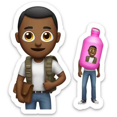 man standing with a bag carried on one shoulder and a pink metal water bottle in one side of the bag sticker