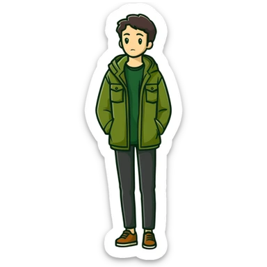dark olive green jacket over a lighter green top sticker