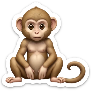 cinematic-cute macaque-realistic-full-body-sitting-emoji,-compact-muscular-frame-poised-on-a-rocky-outcrop,-short-curled-tail-resting-behind,-head-tilted-dramatically,-thick-dense-fur-in-warm-shades-of-brown-and-grey,-expressive-eyes-filled-with sticker