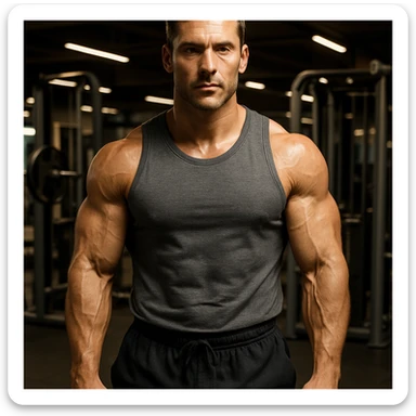 A 35-year-old bodybuilder con equilibrio su uso di sostanze e non. immagine iper realistica sticker