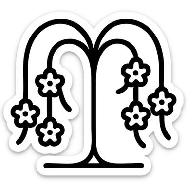 simple icon of a weeping willow tree with white flowers blossoming from its branches, minimal and clear design, suitable for an icon sticker