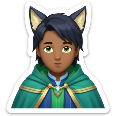 Black anime man with straight long black hair with light-green stripes in it, long dark-blue-black-gradient fox ears, hazel-gradient-brown-turquoise eyes, gold earring, dark-blue-sweater, green cape,  sticker
