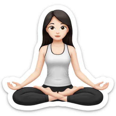 Девушка белокожая, с длинными темными волосами, в одежде для йоги - черные лосины, белый топ, сидит в позе йоги, правильные пропорции тела, только человек sticker