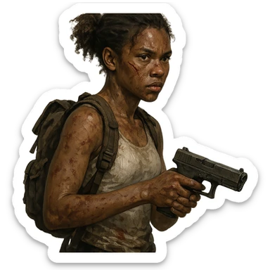 African American masculine girl, zombie apocalypse style, scar on her face, white tank top, wearing a backpack, holding a gun sticker